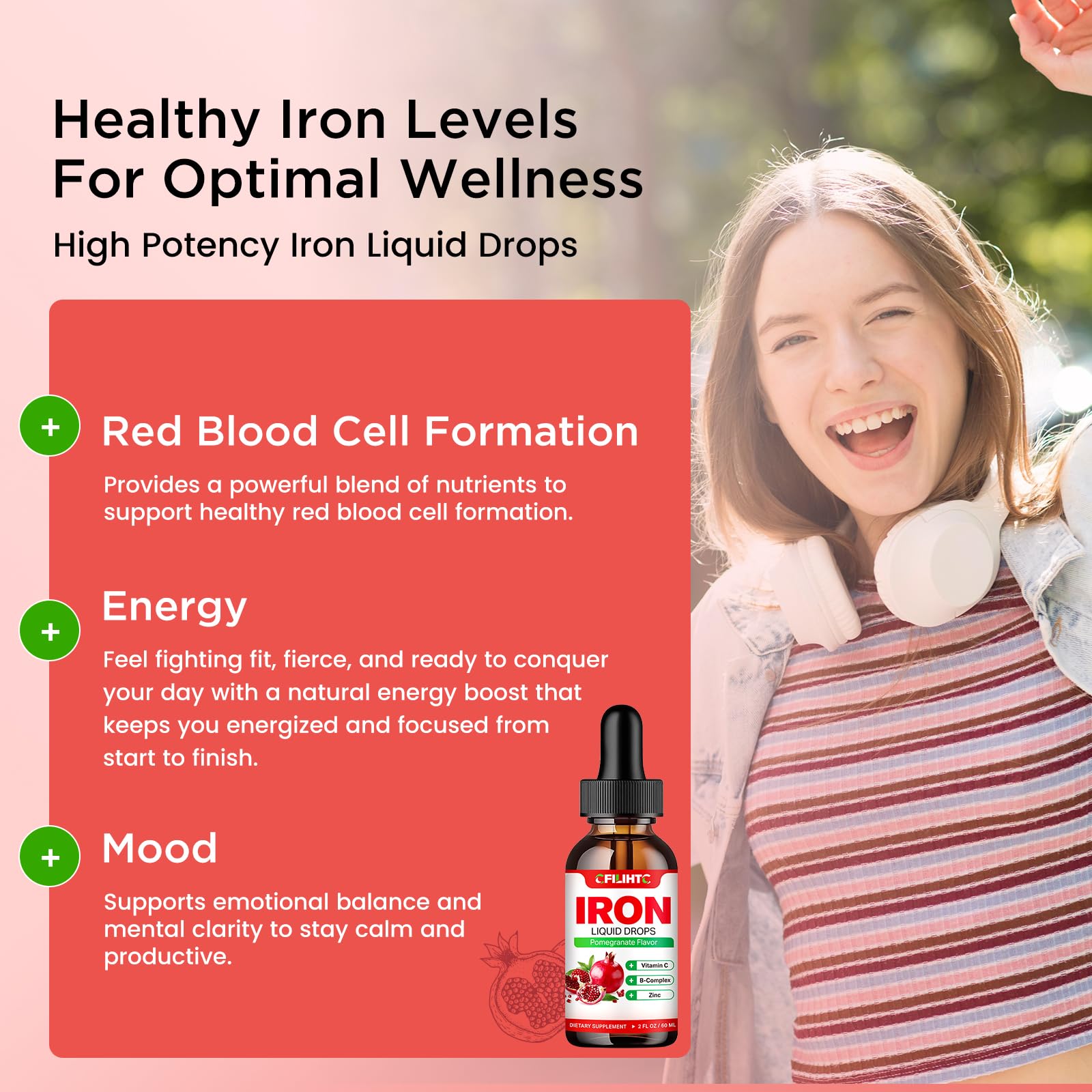 Liquid Iron Supplement for Women Men & Kids Multivitamin Iron Drops with Folate, Vitamin C, B6, B12, Zinc for Anemia, Iron Deficiency, Blood Builder, Energy - Natural Pomegranate Flavor, Vegan 2 Fl Oz