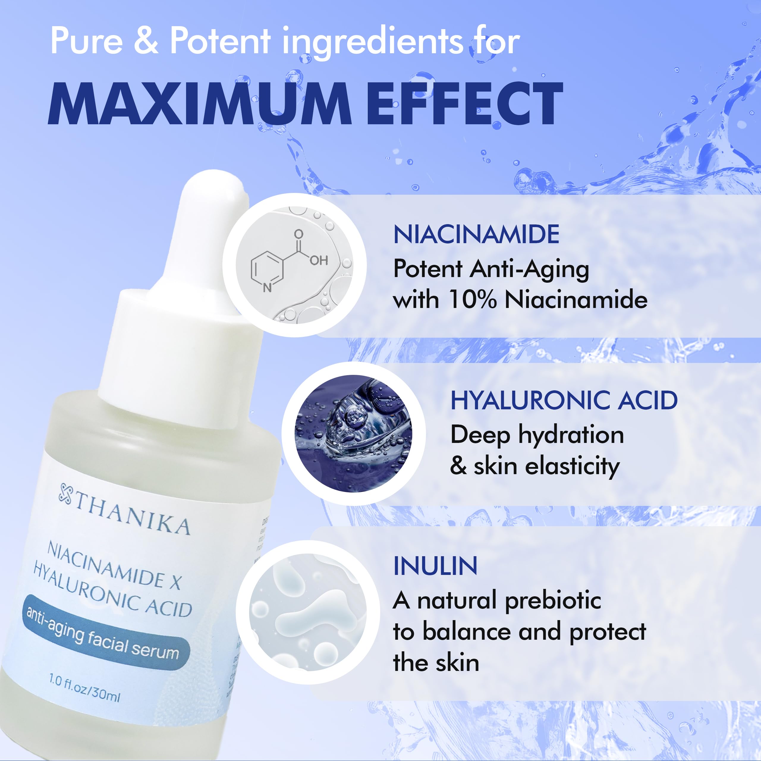 THANIKA 10% Niacinamide Serum with Hyaluronic Acid, Anti-Aging and Moisturizer, All Skin Type Face Serum for Women 1 fl oz.