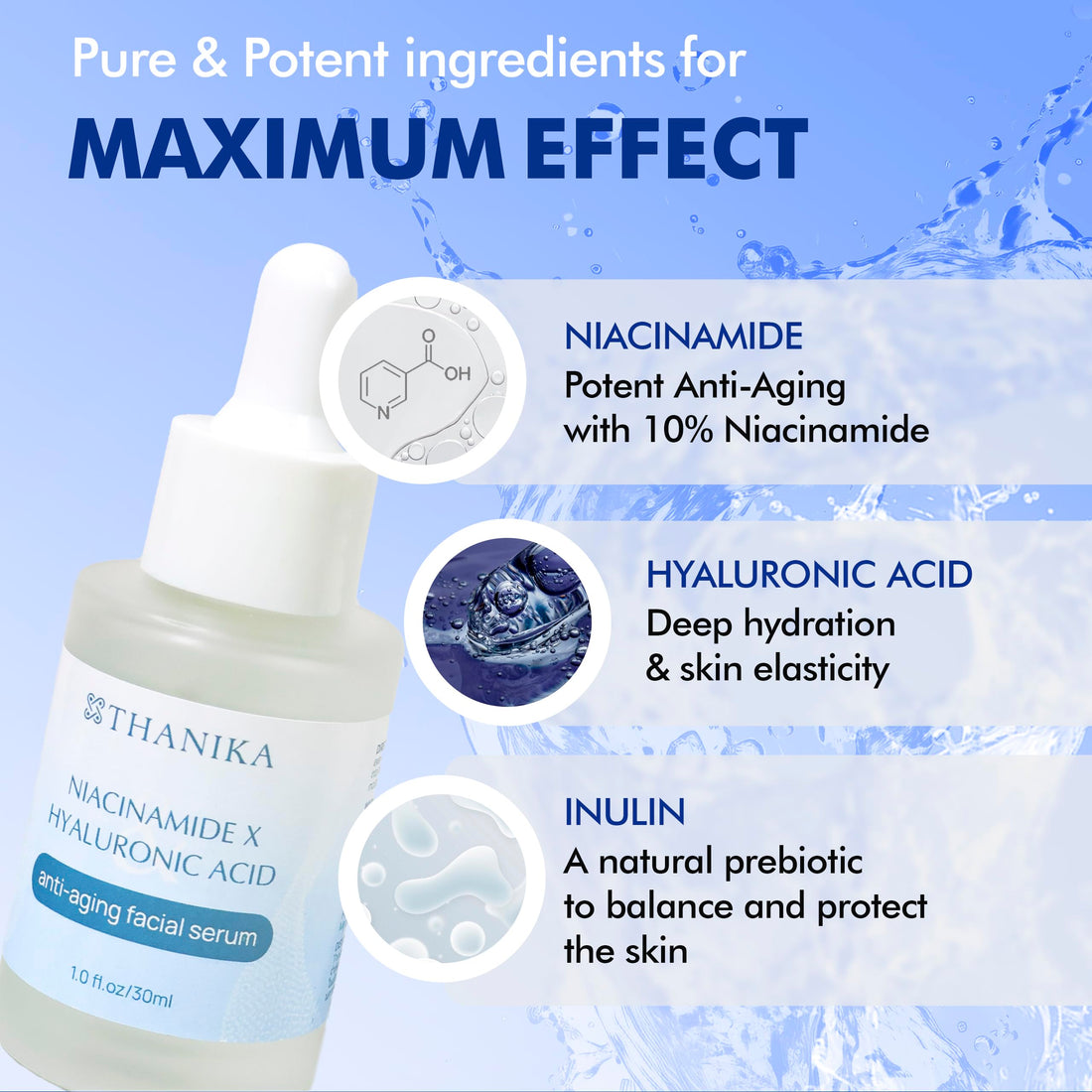 THANIKA 10% Niacinamide Serum with Hyaluronic Acid, Anti-Aging and Moisturizer, All Skin Type Face Serum for Women 1 fl oz.