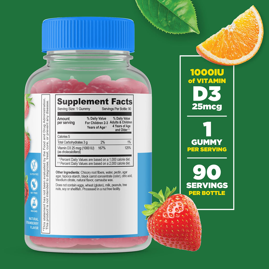 Lifeable Sugar Free Vitamin D for Kids 1000 IU – Great Tasting Natural Flavor Gummy Supplement – Gluten Free Vegetarian Chewable – for Strong and Healthy Bones, for Children, Teen, Toddler, 90 Gummies