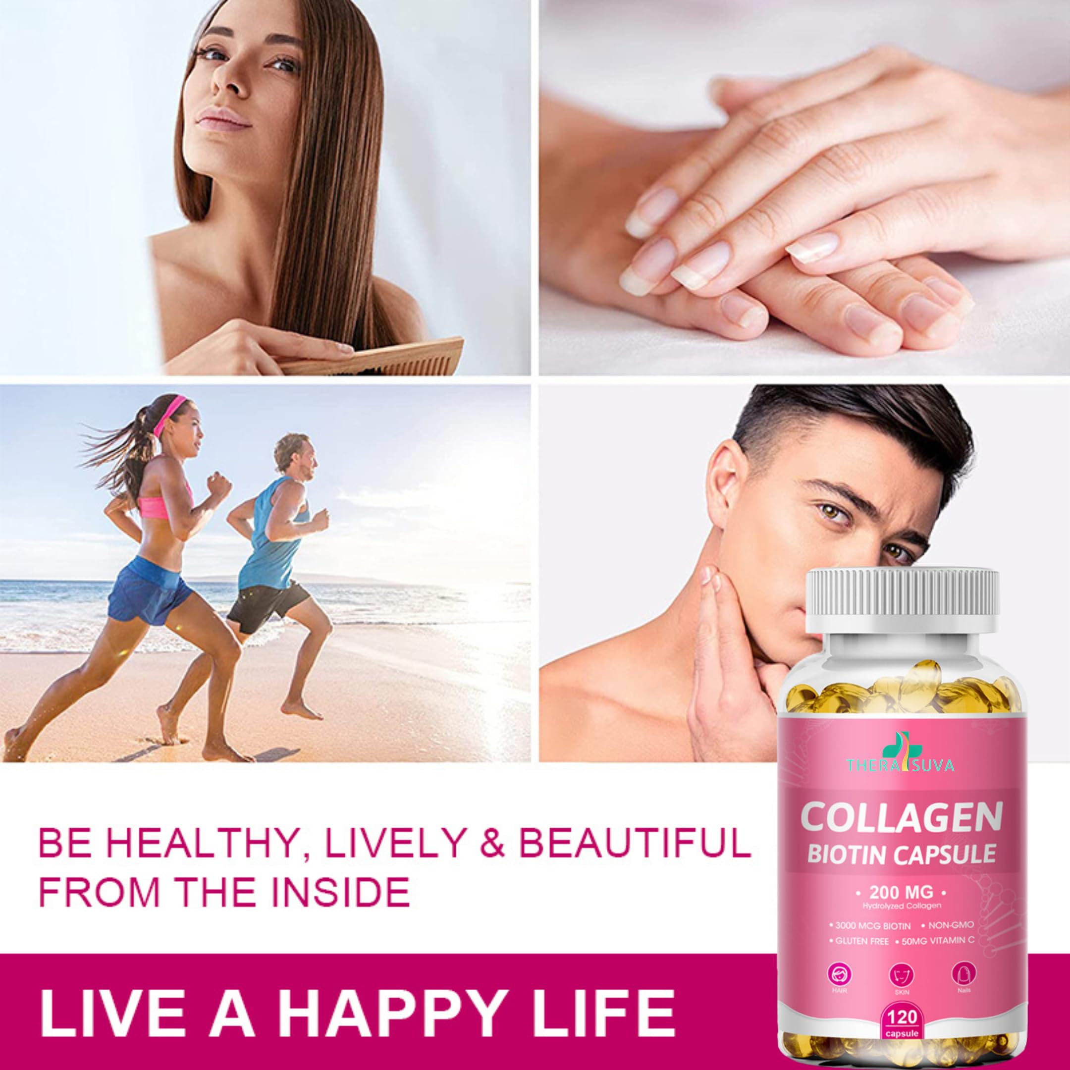 Multi Collagen Complex 200MG + Biotin 3000MCG + Vitamin C 50MG Per Serving! Promotes Healthy Hair, Beautiful Skin, and Nail Support! 120 Capsules, 60 Day Supply