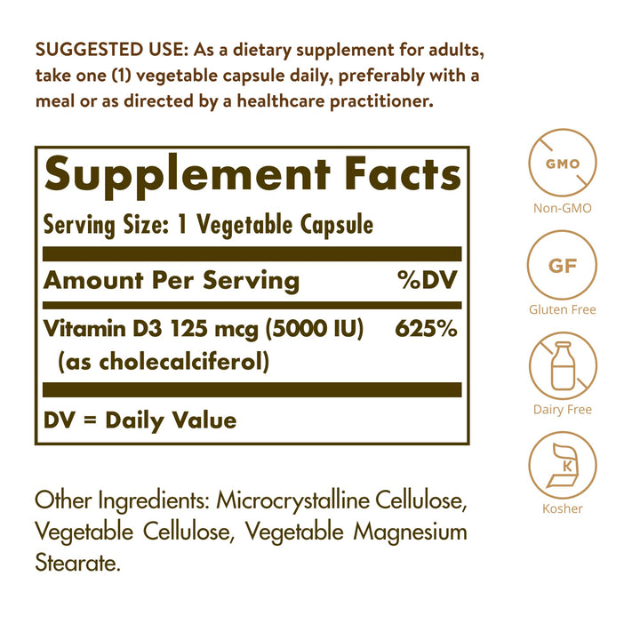 Solgar Vitamin D3 (Cholecalciferol) 125 mcg (5000 IU), 240 Vegetable Capsules - Helps Maintain Healthy Bones & Teeth - Immune System Support - Non-GMO, Gluten Free - 240 Total Servings