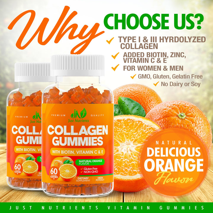 Just Nutrients Collagen Peptides Gummies with Biotin, Vitamin C & E for Women & Men - Premium Hydrolyzed Collagen Type I & III for Hair, Skin & Nails - Gluten-Free, Non-GMO - 60 Gummies