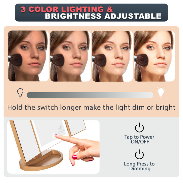 RoLeDo 3 Folds Lighted Vanity Makeup Mirror, 2X/3X Magnification, 72 LED Lights Desk Mirror with Touch Screen 3 Color Lighting, Portable Cosmetic Mirror, Gifts for Women, Teen Girls, Leopard Print