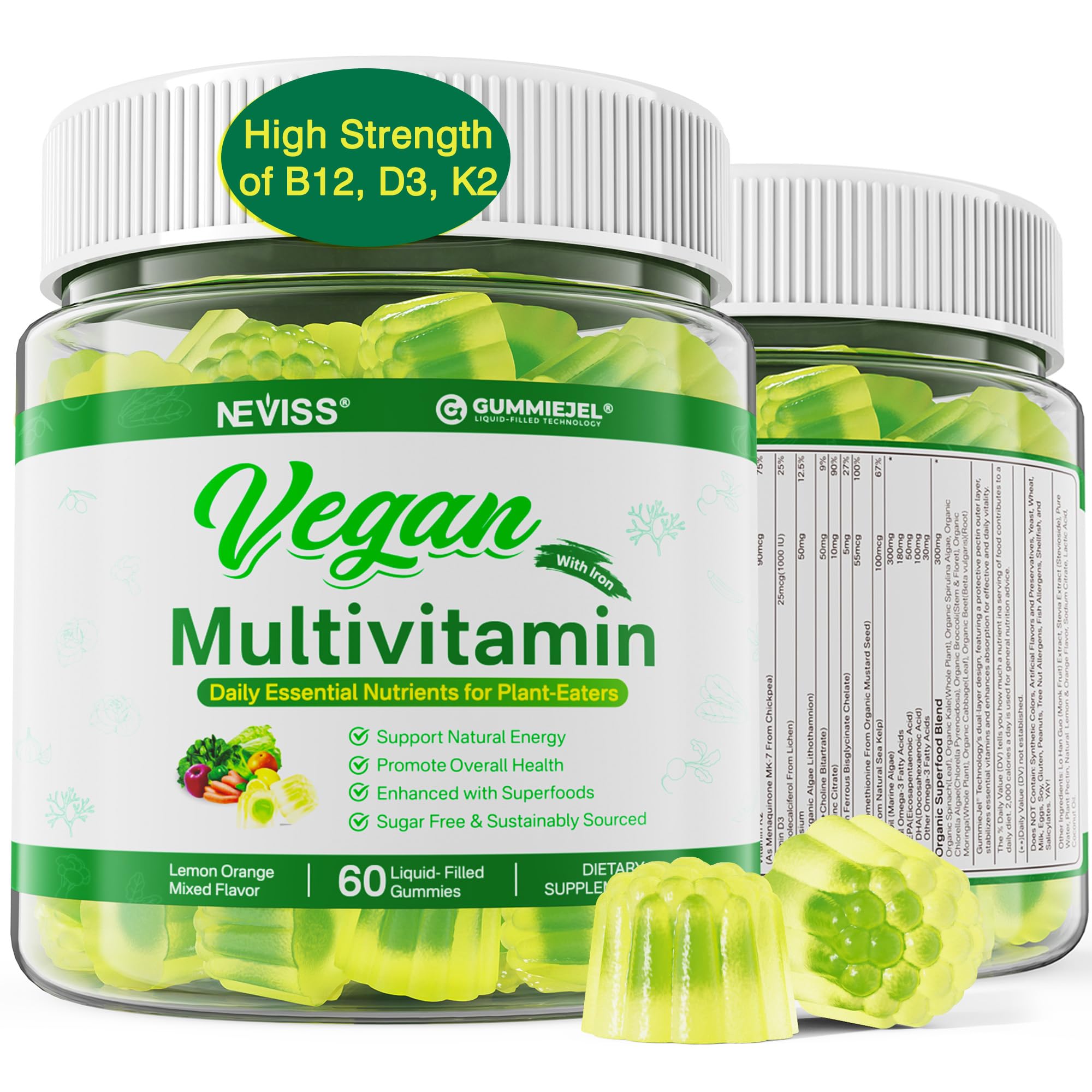 Vegan Multivitamin for Women & Men with Methyl Vitamin B12, D3 K2, Plant Based Omega 3 (DHA+EPA), Iron, Choline, Zinc, Whole Food Daily Vitamins Gummies for Vegans & Vegetarians, Sugar Free, 60 Counts
