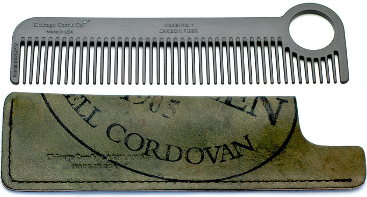 Chicago Comb Model 1 Carbon Fiber Comb + Olive Shell Cordovan Horween leather sheath, Made in USA, ultimate pocket & travel comb, ultra smooth strong light, anti-static, American