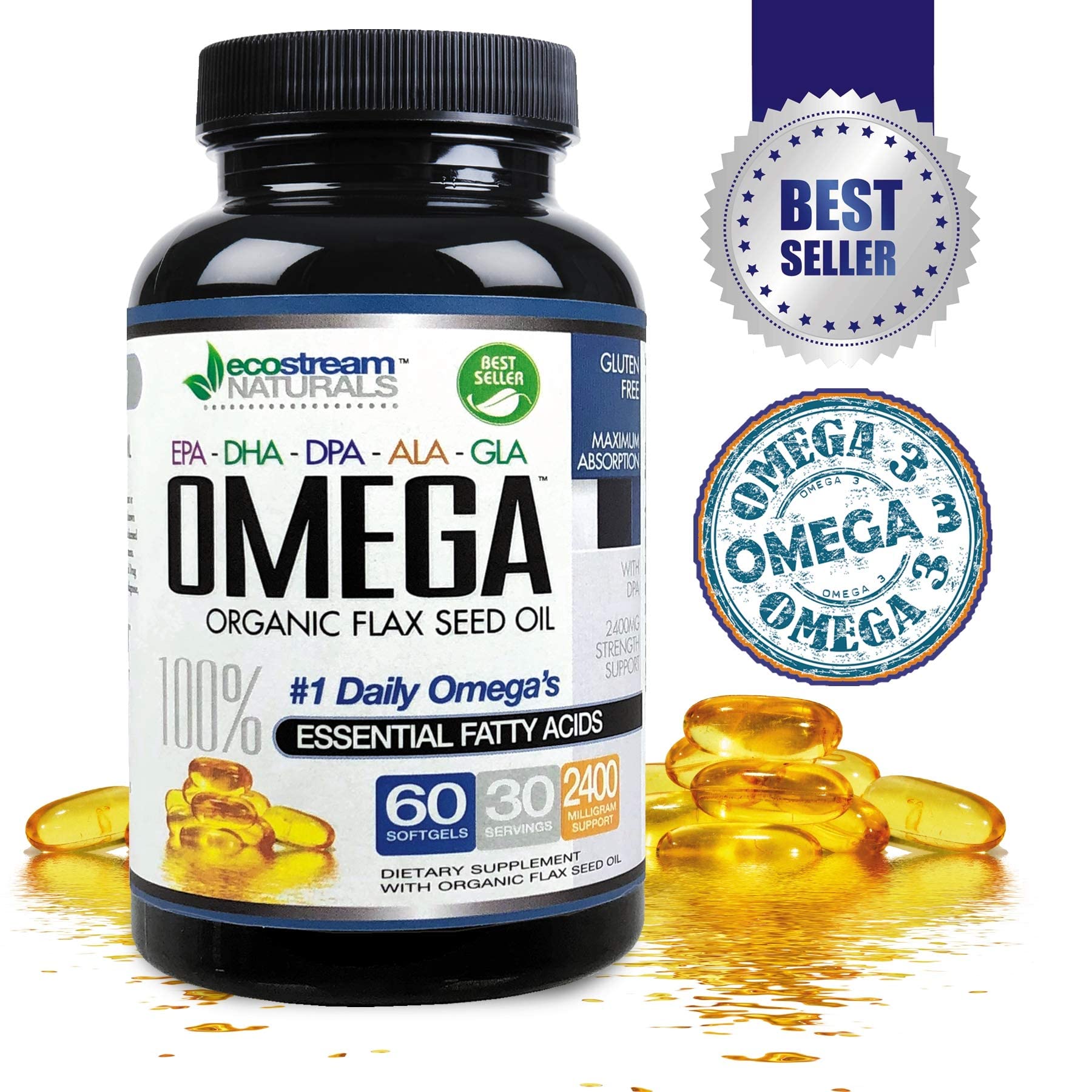 Omega 3-6-9 Blend with DPA, EPA, DHA, ALA and GLA and Organic Flax Seed Oil, Over 2,800 Milligram Strength - Gluten Free - Made in The USA - 60 SoftGels