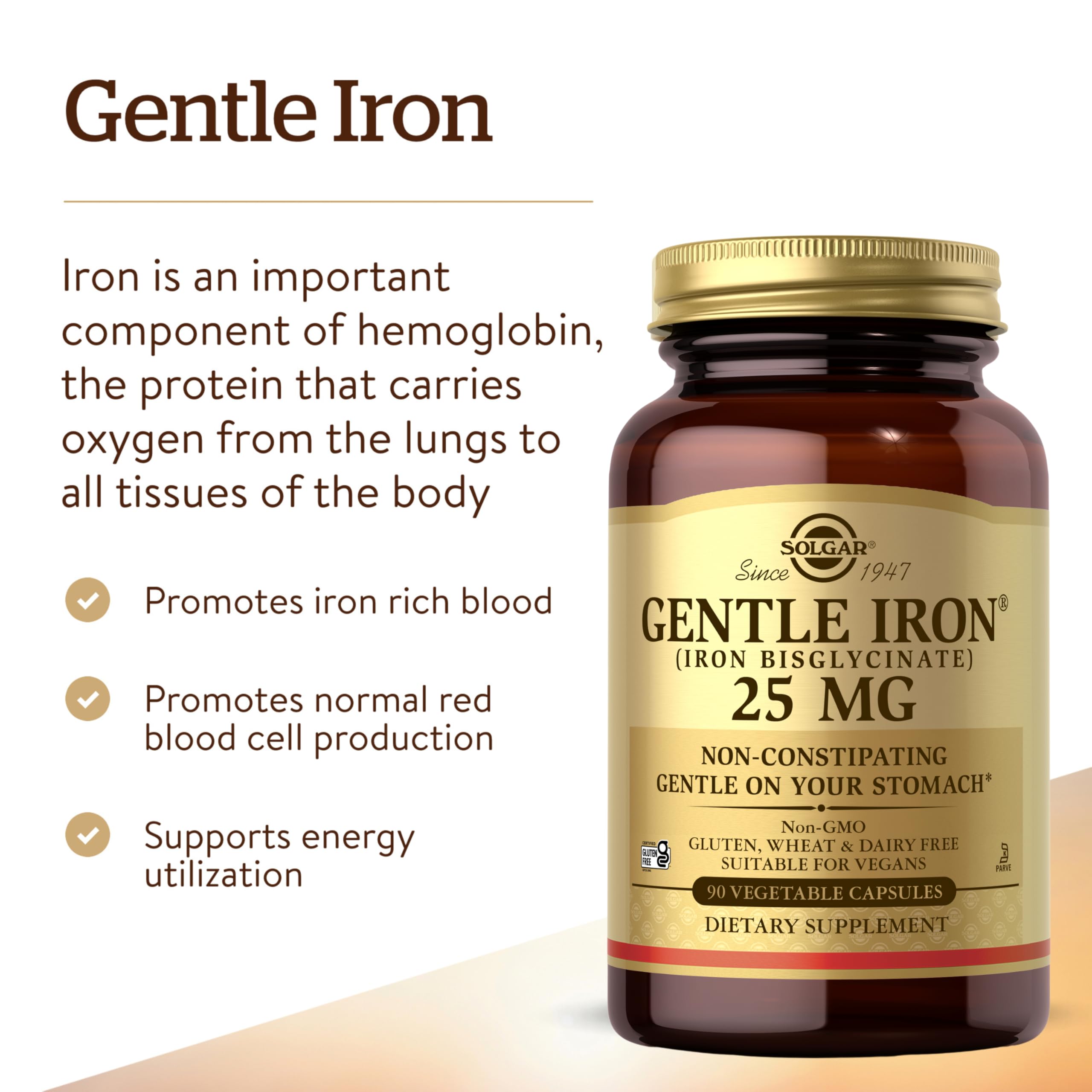 Solgar Gentle Iron 25mg, 90 Vegetable Capsules - Energy, Normal Red Blood Cell Production - Gentle on the Stomach - Non-GMO, Vegan, Gluten Free, Dairy Free, Kosher - 90 Servings