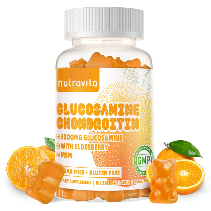 Nutravita Glucosamine Chondroitin Gummies with MSM & Elderberry Extra Strength - Joint Support, Antioxidant Immune Support Supplement for Adults, Men & Women.60 Orange Chews