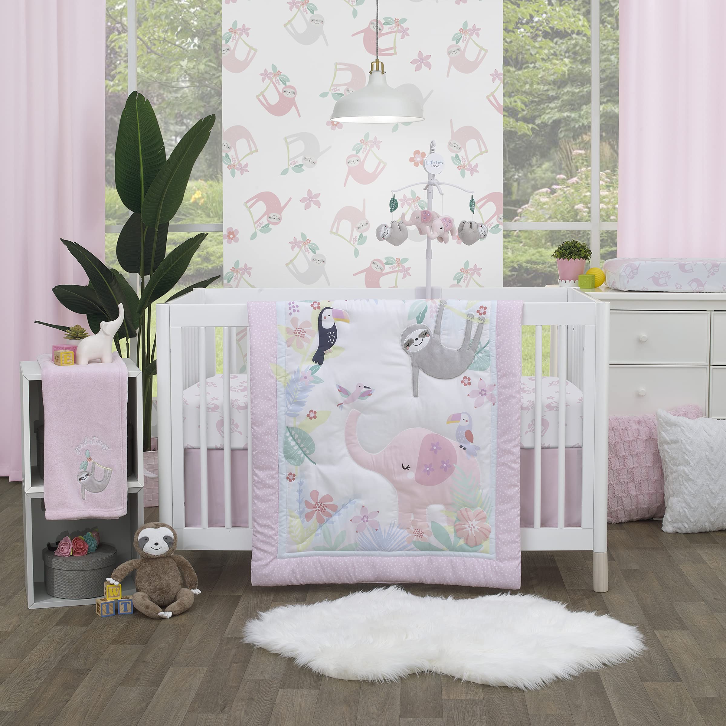 NoJo Little Love Tropical Garden Pink, Green, and White Jungle Animal 3 Piece Nursery Crib Bedding Set - Comforter, Fitted Crib Sheet, and Crib Skirt