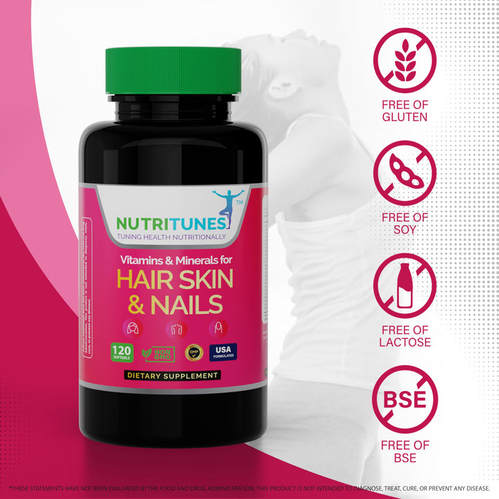 Nutritunes Hair, Skin, & Nails Multivitamins & Minerals - Biotin, Folate, Vitamin C, D3, E B-6 & B-12 Supports Hair, Skin, & Nail Health - Non-GMO, GMP-Certified (120 Softgel Capsules)