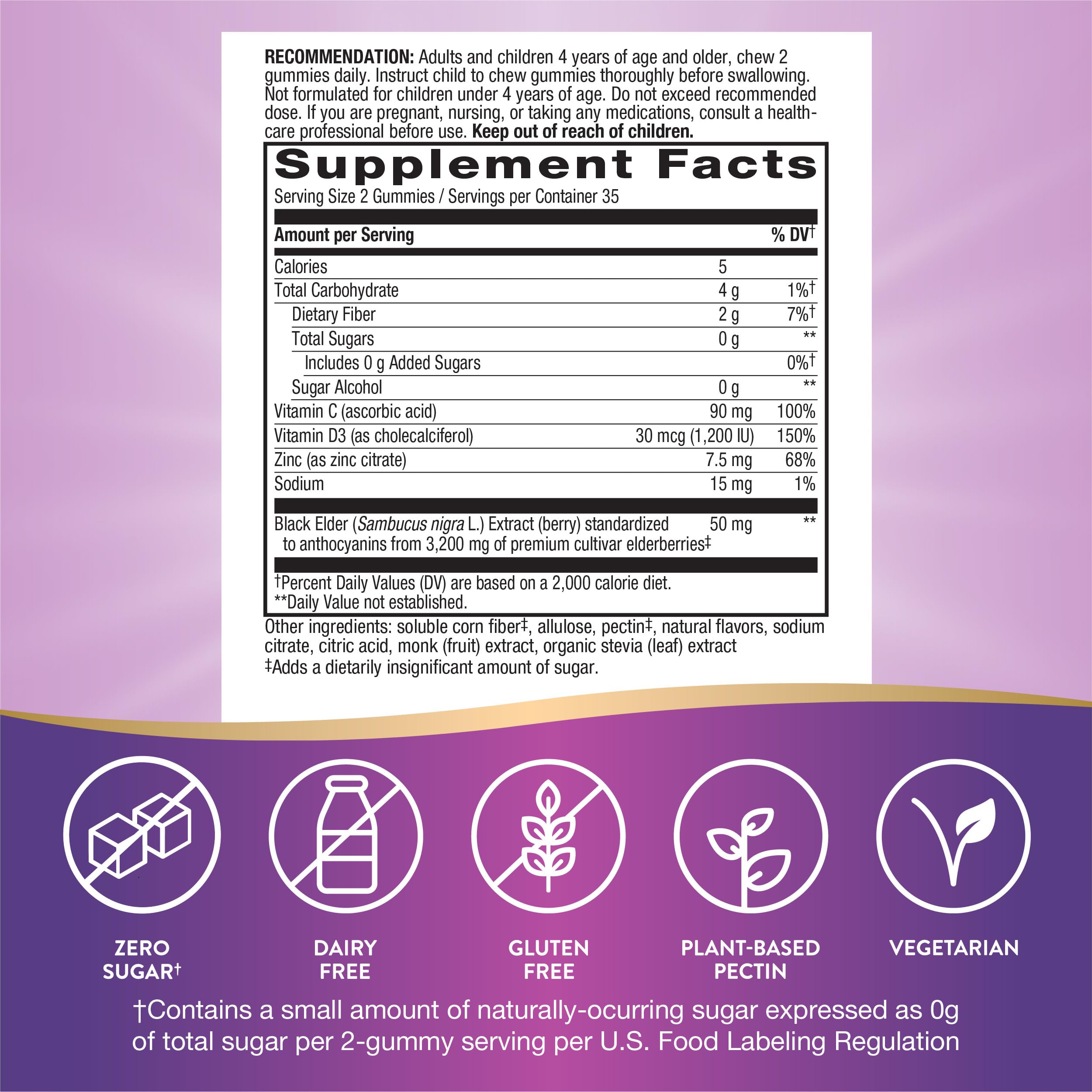 Nature’s Way Sambucus Zero Sugar Immune Gummies, Daily Immune Support*, Black Elderberry Extract, Vitamin C, Vitamin D3, Zinc, Sugar Free, Sugar Alcohol Free, Plant-Based Sweeteners, 70 Gummies