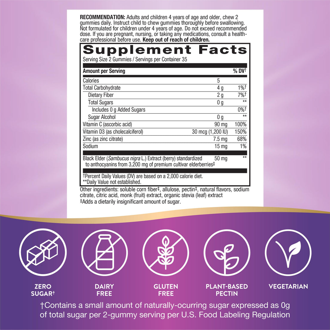 Nature’s Way Sambucus Zero Sugar Immune Gummies, Daily Immune Support*, Black Elderberry Extract, Vitamin C, Vitamin D3, Zinc, Sugar Free, Sugar Alcohol Free, Plant-Based Sweeteners, 70 Gummies