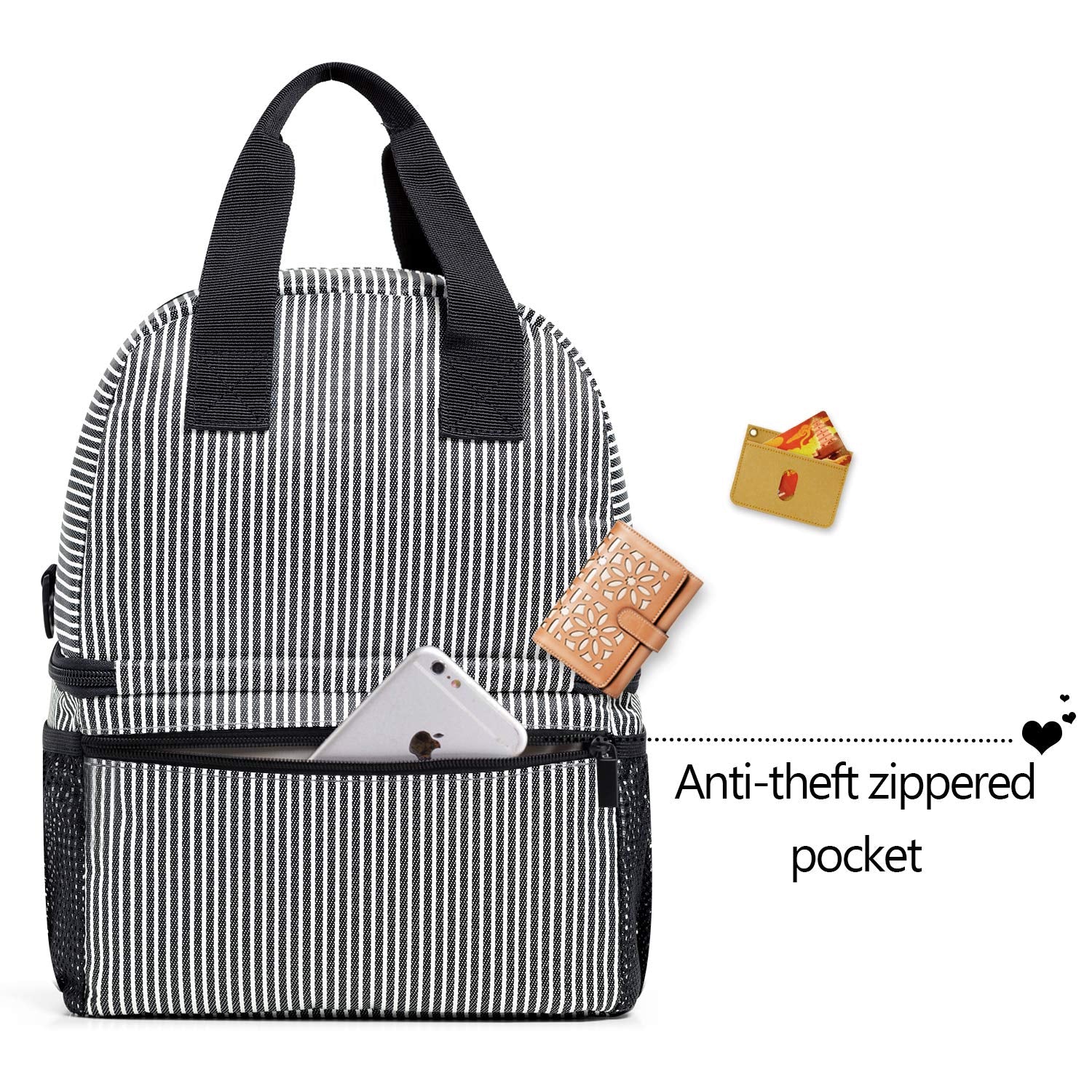 Teamoy Breast Pump Tote with Cooler Compartment for Milk Bottles and More, Double Layer Pumping Bag for Working Moms, Black and White Stripes