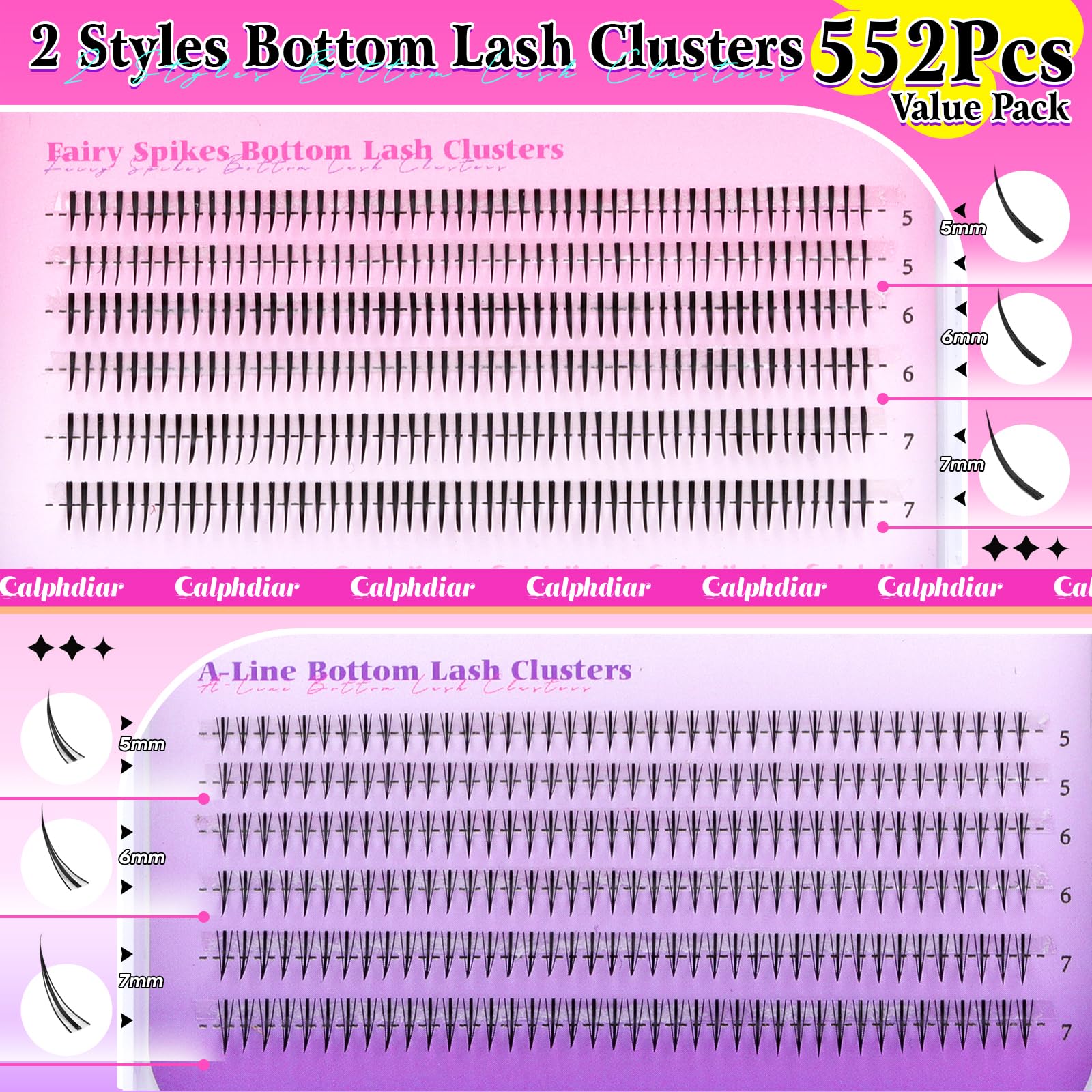 calphdiar Bottom Lashes Extension 552pcs Natural Lower Eyelash Clusters 5-7mm Bottom Lash Clusters 2 Styles Individual Lashes DIY Bottom Cluster Eyelash Extensions