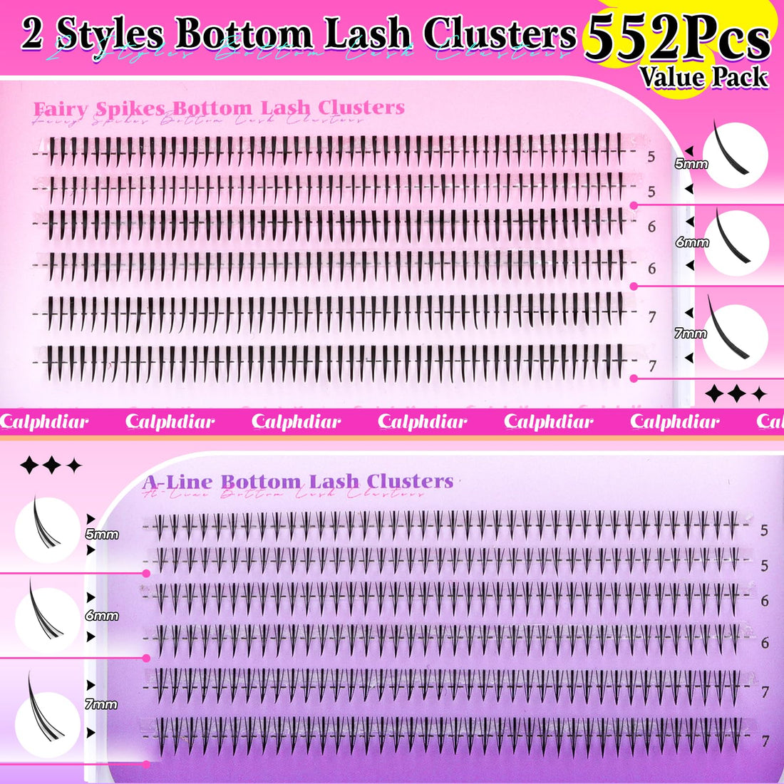calphdiar Bottom Lashes Extension 552pcs Natural Lower Eyelash Clusters 5-7mm Bottom Lash Clusters 2 Styles Individual Lashes DIY Bottom Cluster Eyelash Extensions