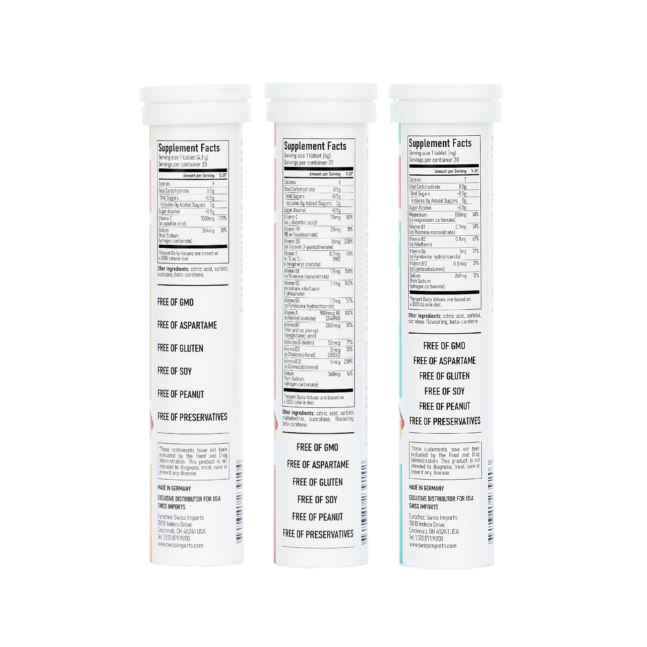 Swiss Imports Effervescent Variety Pack with Vitamin C 1000mg, Magnesium + B Complex, Multivitamin + Biotin, 6-Pack, 120 Tablets