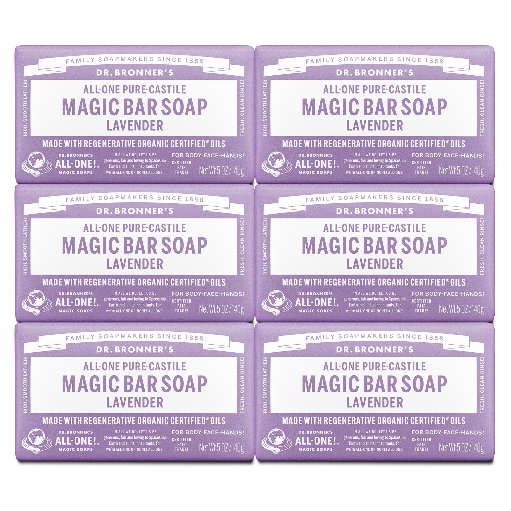 Dr. Bronner's Pure-Castile Magic Soap Bars (Lavender, 5 oz, 6-Pack)- Bath Soap with Regenerative Organic Certified Oils- For Face, Body & Hair - Gentle, Biodegradable, Vegan- Bar Soaps for Men & Women