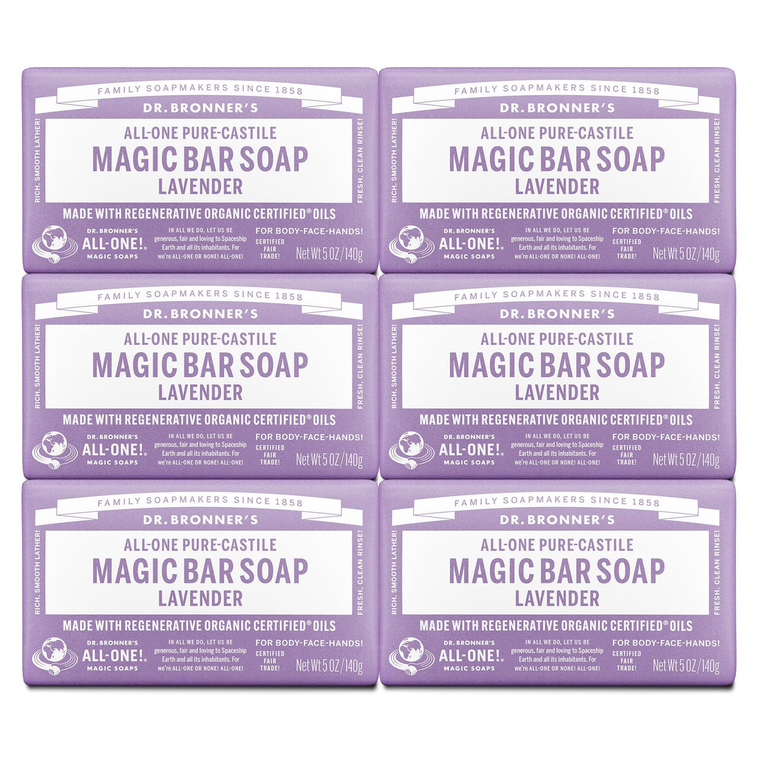 Dr. Bronner's Pure-Castile Magic Soap Bars (Lavender, 5 oz, 6-Pack)- Bath Soap with Regenerative Organic Certified Oils- For Face, Body & Hair - Gentle, Biodegradable, Vegan- Bar Soaps for Men & Women