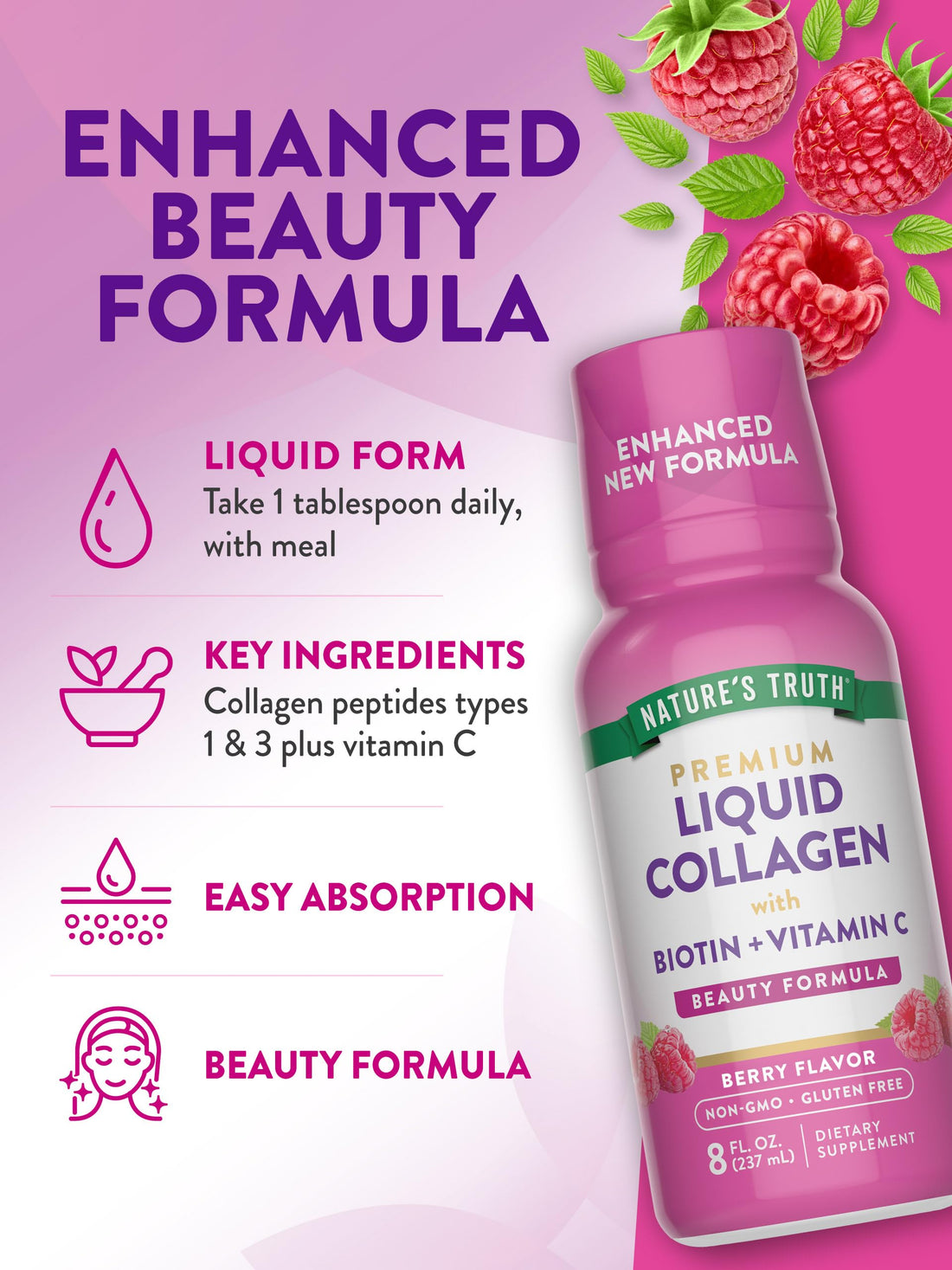 Nature's Truth Liquid Collagen | with Biotin | Berry Flavor | 8 oz | Non-GMO and Gluten Free Supplement