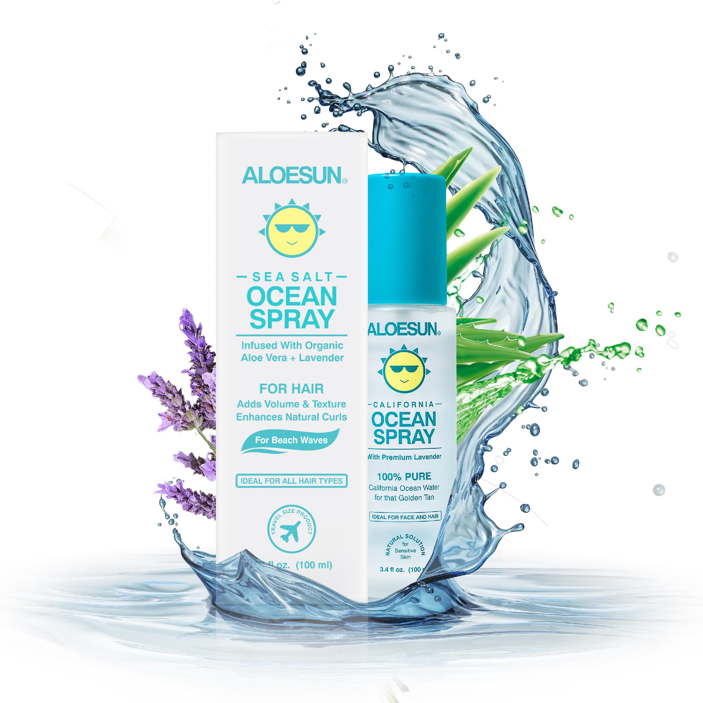 ALOESUN Organic Sea Salt Hair Spray - Texture & Volume Hairspray for Men & Women with Aloe Vera & Lavender - Styling Texturizing Volumizing Products for Wavy Curly & Fine Hair - Travel Size Bottle