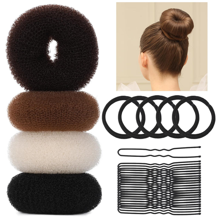 Teenitor Medium Donut Hair Bun Maker Set - 4 Colors Medium Size Hair Bun Maker for Women's Hair, Hair Donuts for Buns, 5 Elastic Bands, 20 Hair Pins, Bun Hair Pieces for Women