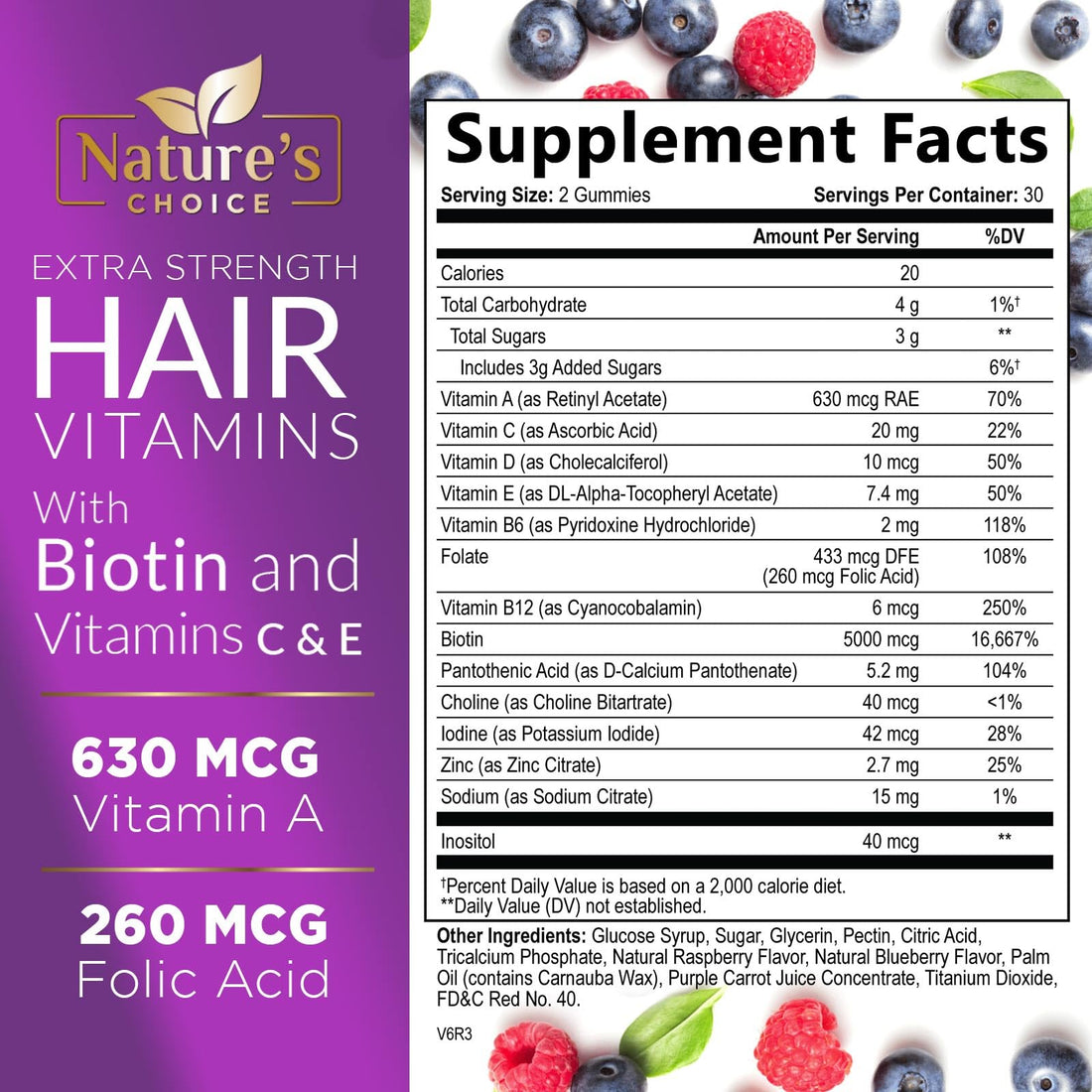 Hair Vitamins Gummies with Biotin 5000 mcg Vitamin E & C Support Hair Growth Gummy, Premium Vegetarian Non-GMO, for Stronger, Beautiful Hair, Skin & Nails, Biotin Gummies Supplement - 60 Gummy Bears