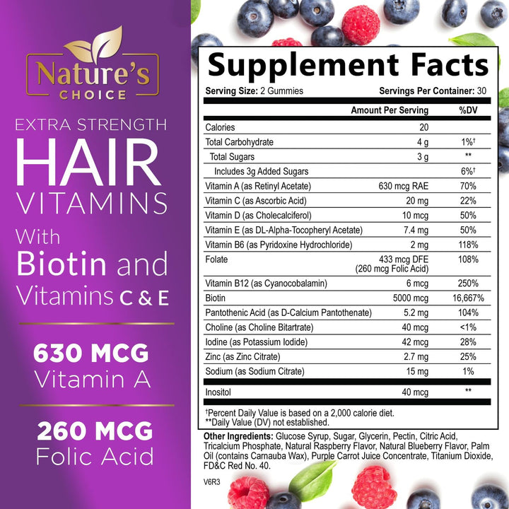 Hair Vitamins Gummies with Biotin 5000 mcg Vitamin E & C Support Hair Growth Gummy, Premium Vegetarian Non-GMO, for Stronger, Beautiful Hair, Skin & Nails, Biotin Gummies Supplement - 60 Gummy Bears
