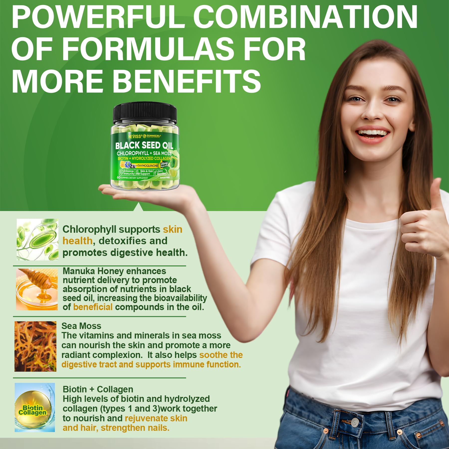 Black Seed Oil Gummies, Chlorophyll & Sea Moss Supplement 500mg, Biotin 500mcg with Hydrolyzed Collagen for Skin, Hair & Nails, Vit E, C, Zinc for Overall Health, Organic Cold Pressed, High Absorption