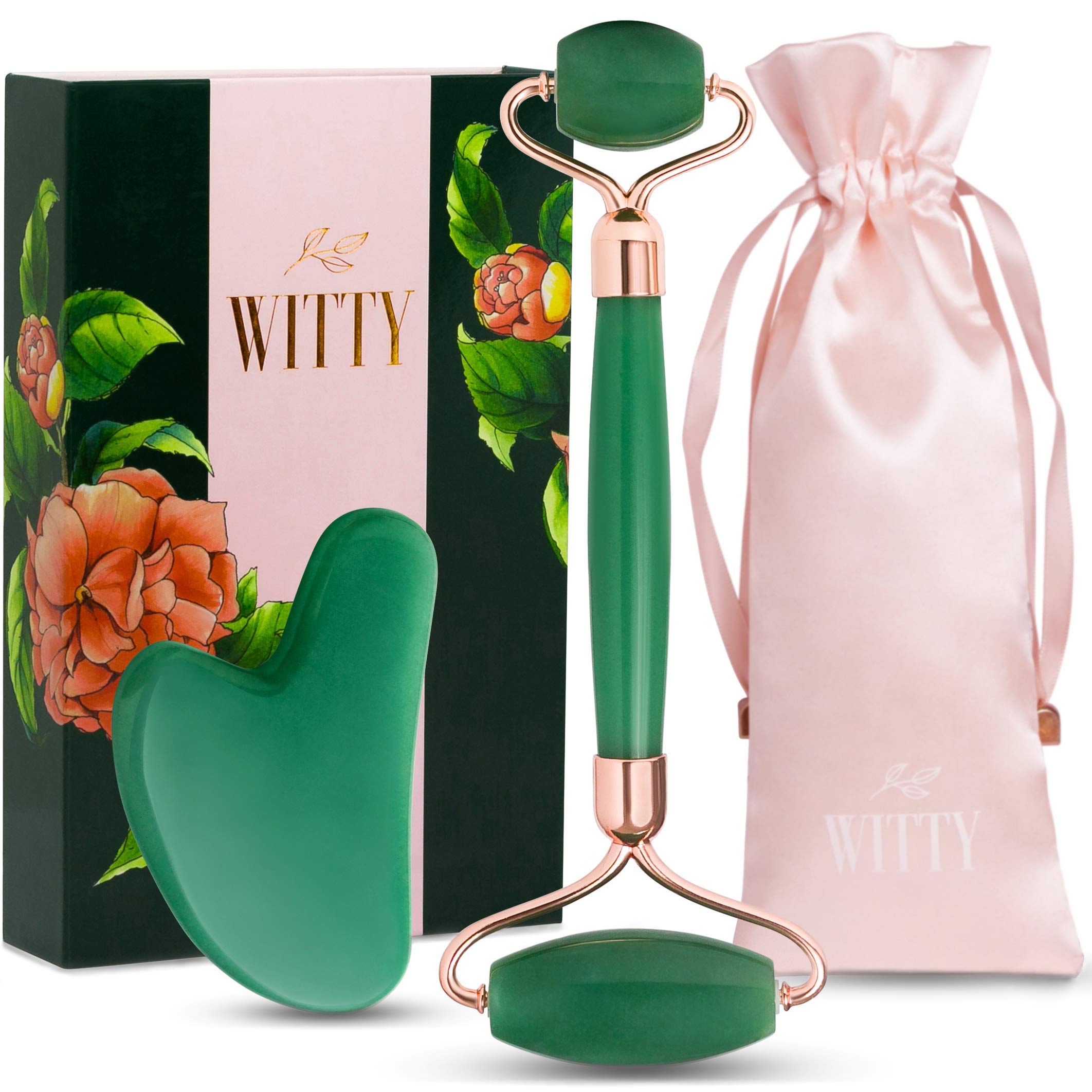 Witty Jade Roller And Gua Sha Set – 2 In 1 Natural Jade Roller For Face And Gua Sha Scrapping Tool – Massage Jade Facial Roller And Jade Gua Sha Facial Tool Set - Rose Quartz Roller Alternative