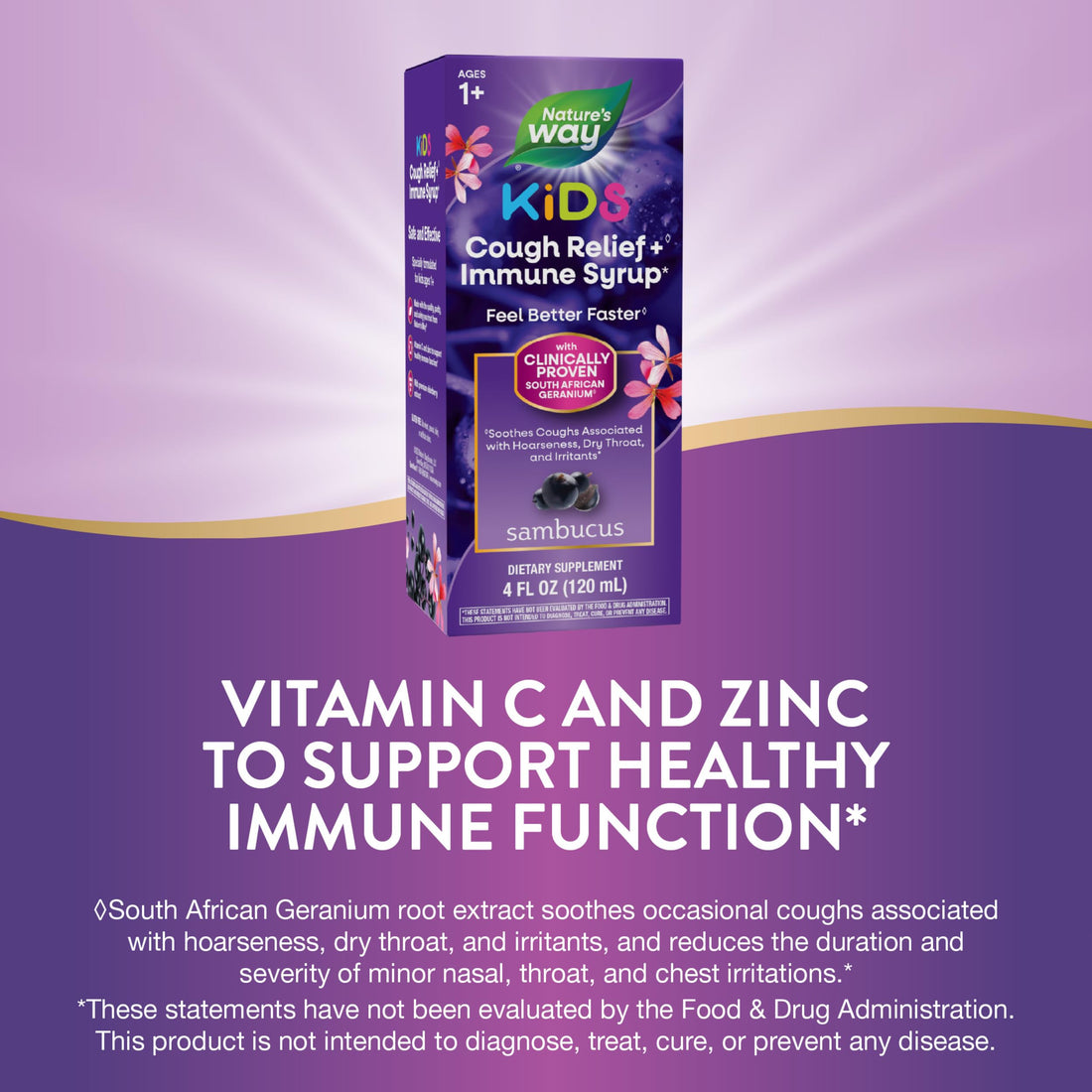 Nature’s Way Sambucus Kids Cough Relief +(1) Immune Syrup*, Feel Better Faster(1), Clinically Proven South African Geranium, with Elderberry Extract, Vitamin C & Zinc, Gluten Free, Vegan, 4 Fl Oz