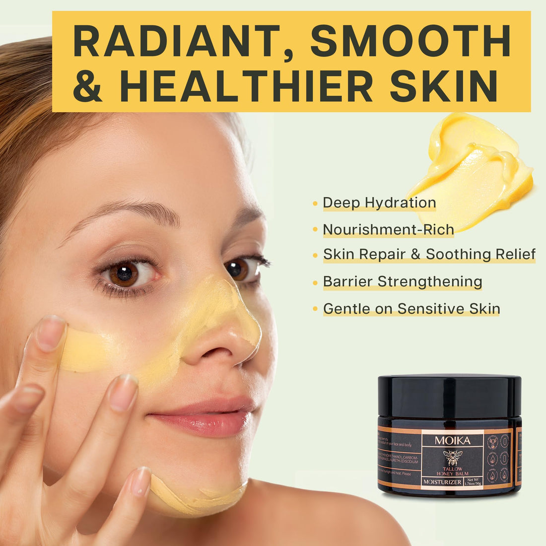VRAIKO MOIKA Tallow and Honey Balm, Grass-Fed Beef Tallow Raw Honey Moisturizing Cream for Face and Body, Handmade Natural Moisturizer for Soft Smooth Skin, 50g/2 oz