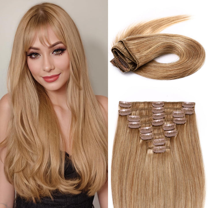 Clip in 100% Remy Human Hair Extensions 8-24 Grade 7A Quality Full Head 8pcs 18clips Long Soft Silky Straight for Women Fashion 13/13 inch 80g, 27 Dark Blonde