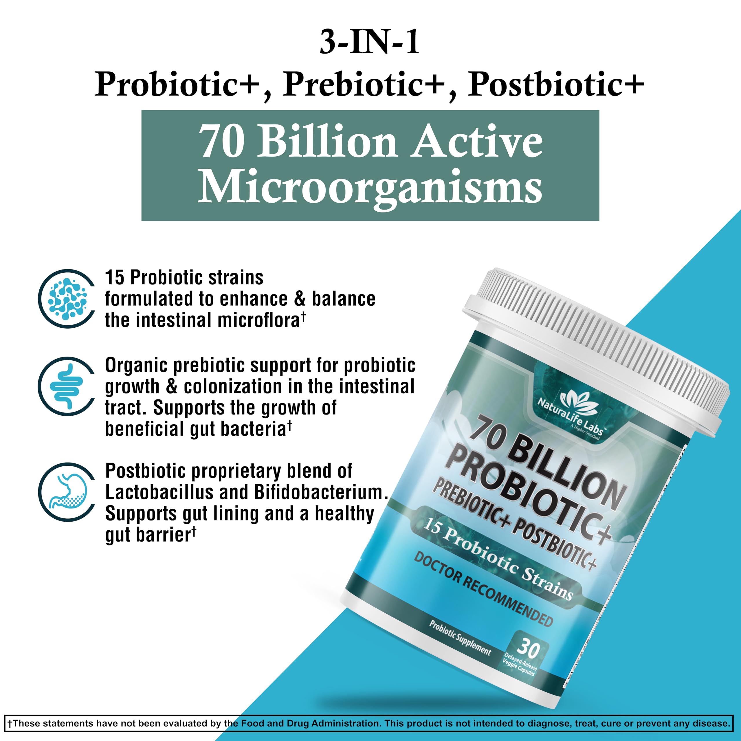 Probiotics 70 Billion CFU – 15 Probiotic strains + Organic Prebiotic+ Postbiotic 3-in-1 Complete – Promotes Healthy Digestive & Immune Function –Gas, Bloating, Constipation Support – for Men & Women