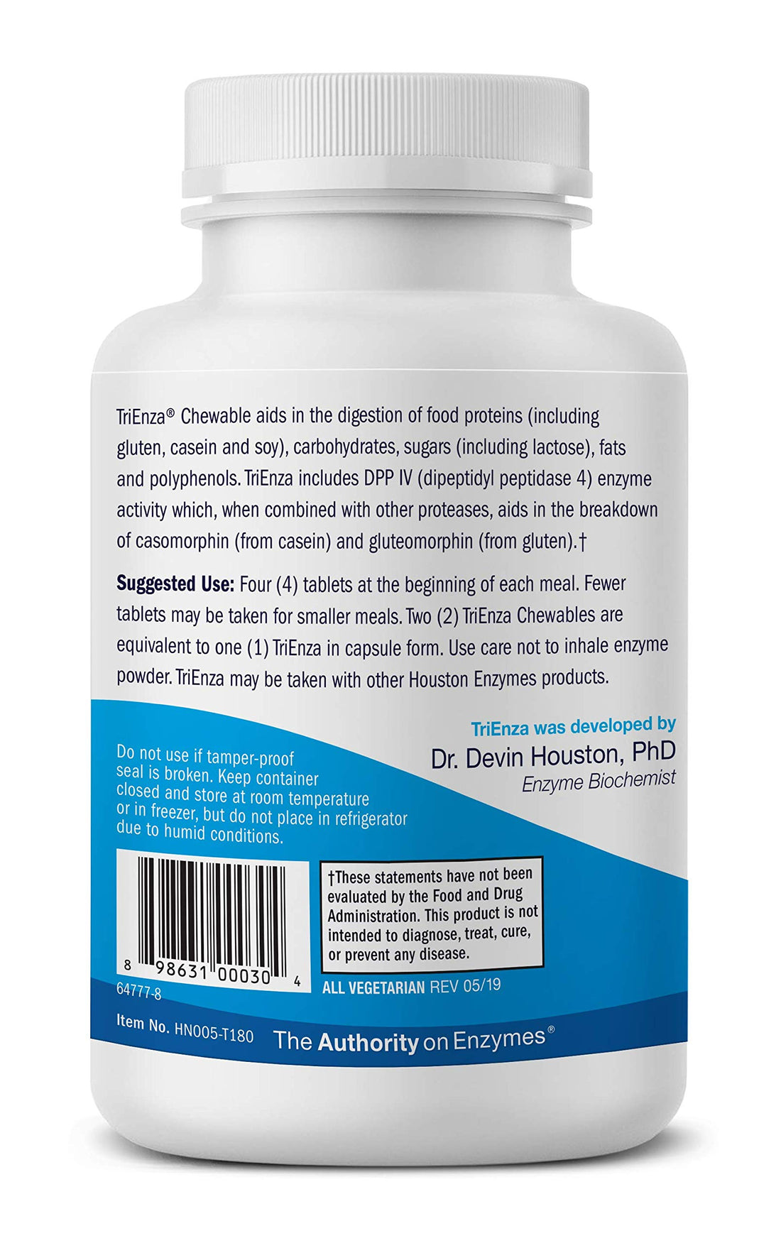 Houston Enzymes – TriEnza – 180 Chewable Tabs (45 Doses) –Broad-Spectrum Enzymes for Digestive Intolerances –Supports Digestion of Gluten, Casein, Soy, Proteins, Carbohydrates, Sugars, Fats & Phenols