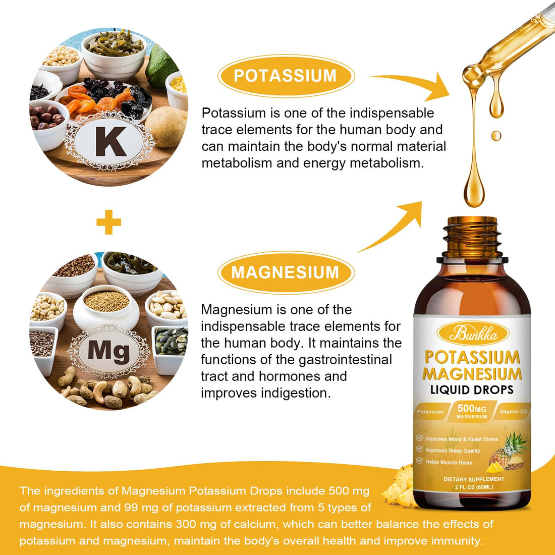 Bunkka Potassium Magnesium Supplement, Potassium Supplement with Magnesium, Calcium, Vitamin D3, Zinc, Sugar Free & Vegan Liquid Drops for Leg Cramps, Energy, Metabolism, for Adult and Kid
