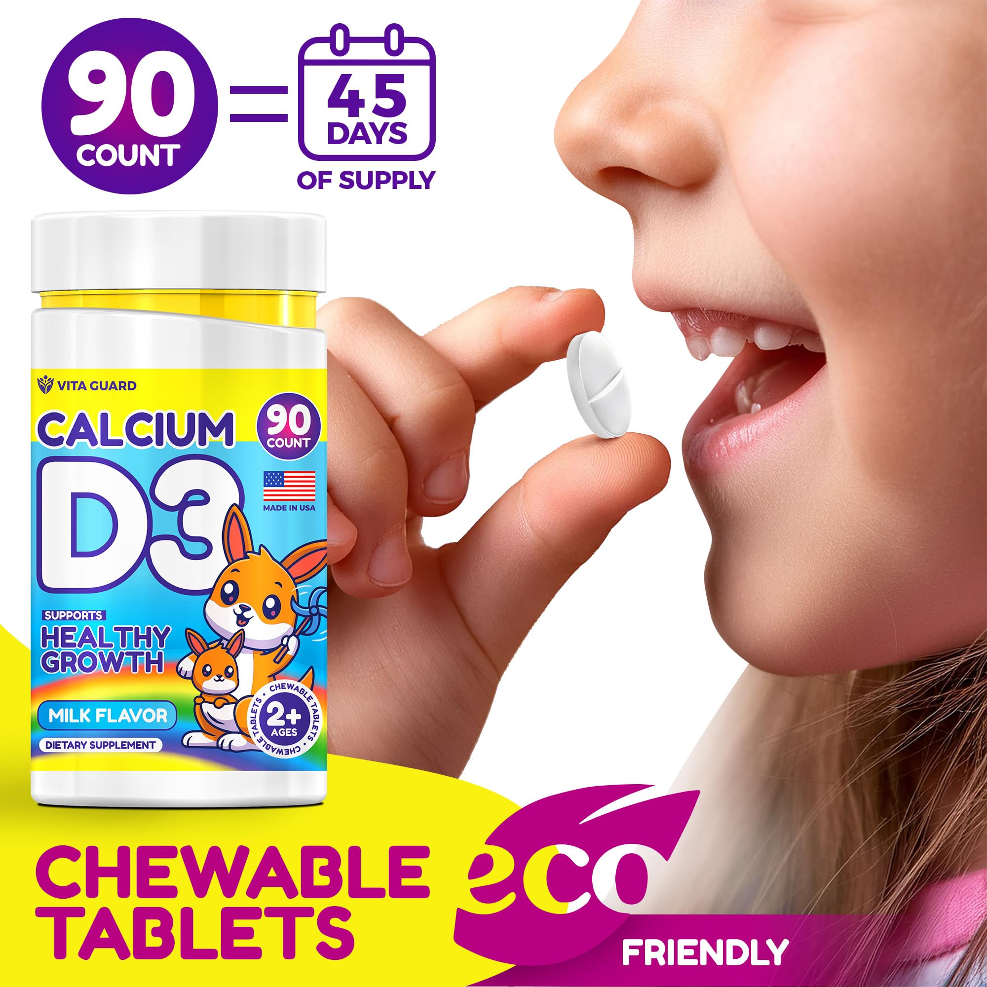 Vita Guard Calcium D3 Chewable Tablets for Kids – 640 mg Calcium & 320 IU Vitamin D3 – Non-GMO, Organic – Milk Flavor – Bone & Teeth Support Supplement – 90 Tablets for Ages 2+