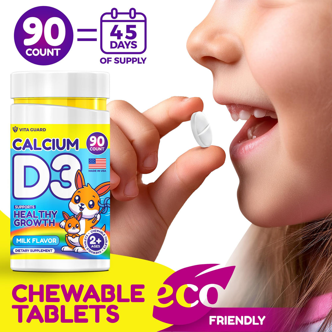 Vita Guard Calcium D3 Chewable Tablets for Kids – 640 mg Calcium & 320 IU Vitamin D3 – Non-GMO, Organic – Milk Flavor – Bone & Teeth Support Supplement – 90 Tablets for Ages 2+
