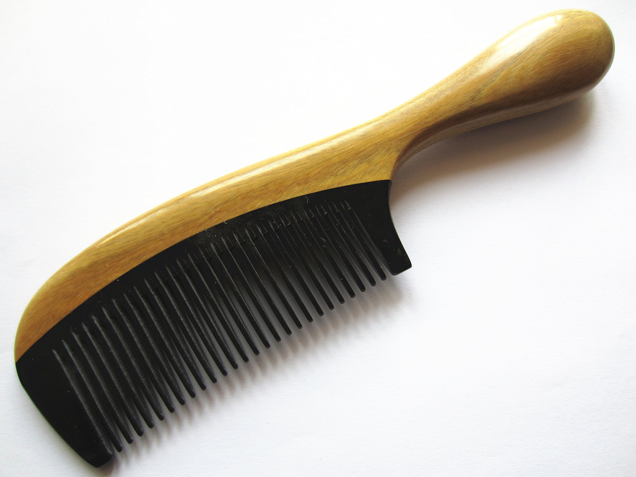 Myhsmooth Gb-yb-nt Handmade No Static Black Buffalo Horn Comb with Green Sandalwood Handle (Rounded)