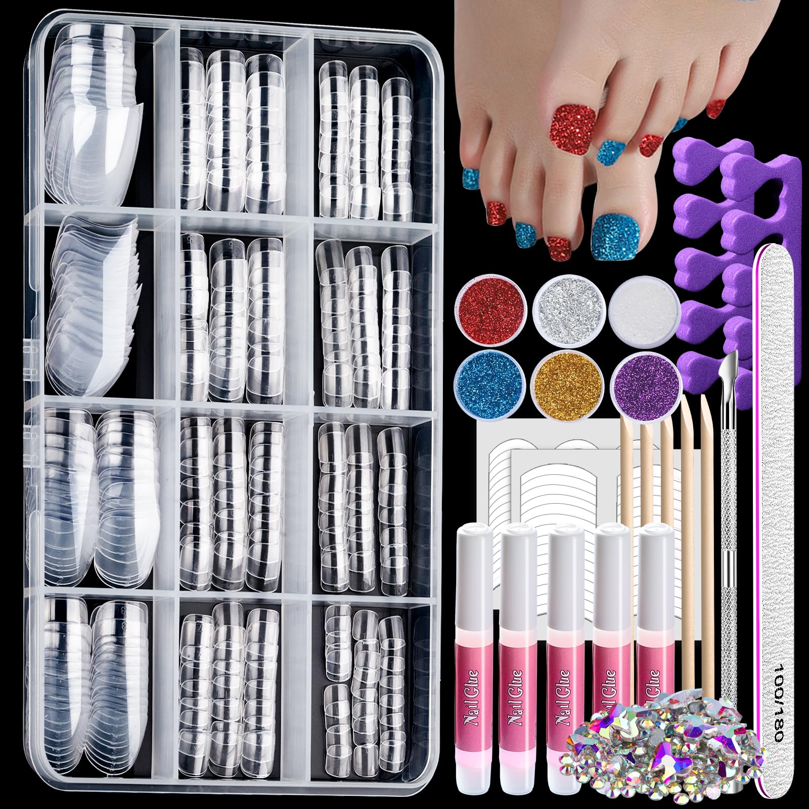 Teenitor 312pcs Clear Press On Nails Kit with Glitter, Acrylic Toe Nail Tips, Glue on Toenails for Women