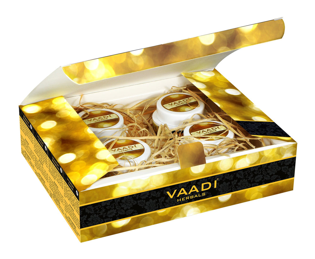 Facial Kit - Gold Facial Kit with 24 Carat Gold Leaves, Marigold & Wheatgerm Oil, Lemon Peel Extract -  ALL Natural -  Suitable for All Skin  Unisex  70 Grams - Vaadi Herbals