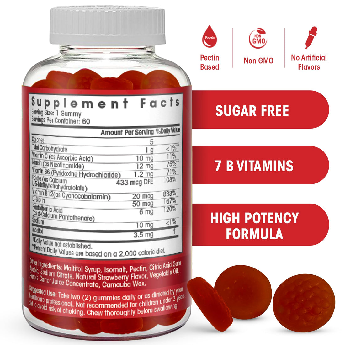 Sugar Free Vitamin B Complex Gummies - Vitamin B12, B7, B6, B3 (Niacin), B5, B8, B9 (Folate)- Third Party Tested- Prenatal, Vegan Diet, Older Adults - B Complex Vitamin Supplement- 60 Gummy Bottle