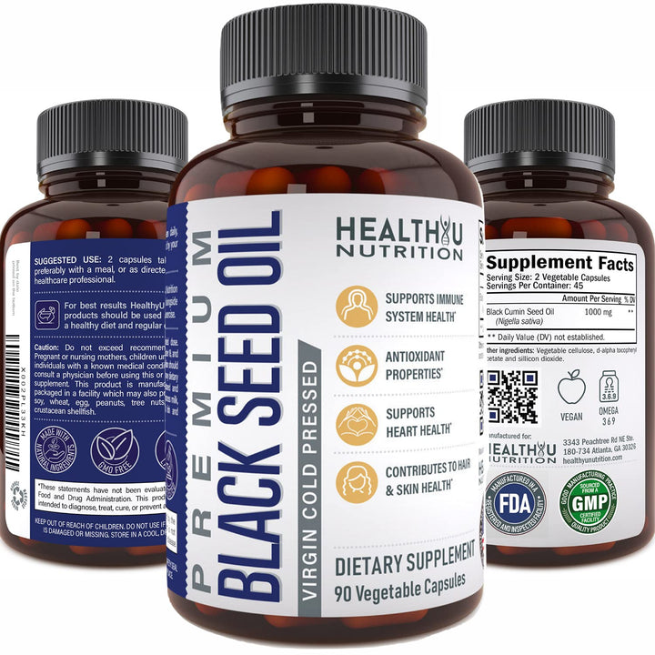 Premium Black Cumin Seed Oil Capsules - Virgin Cold Pressed Nigella Sativa Black Seed Oil Pills - Immune Support Supplement - Omega 3 6 9 Vitamin E Blackseed Oil for Joints Hair Skin 1000 mg p/serving