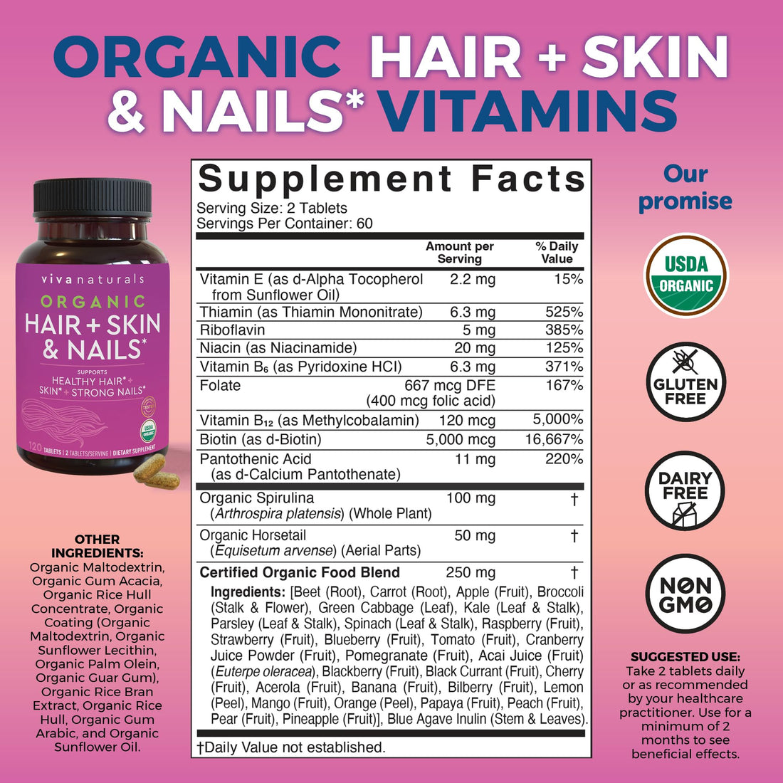 Organic Hair Skin and Nails Vitamins for Women with Biotin 5000mcg and Vitamin E, Vegetarian-Friendly Supplements That Help Produce Keratin -120 Count