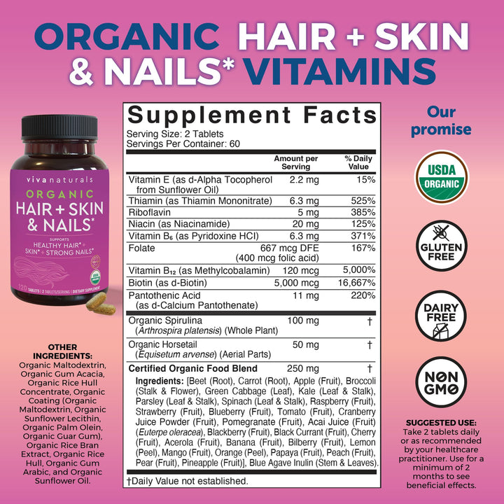 Organic Hair Skin and Nails Vitamins for Women with Biotin 5000mcg and Vitamin E, Vegetarian-Friendly Supplements That Help Produce Keratin -120 Count