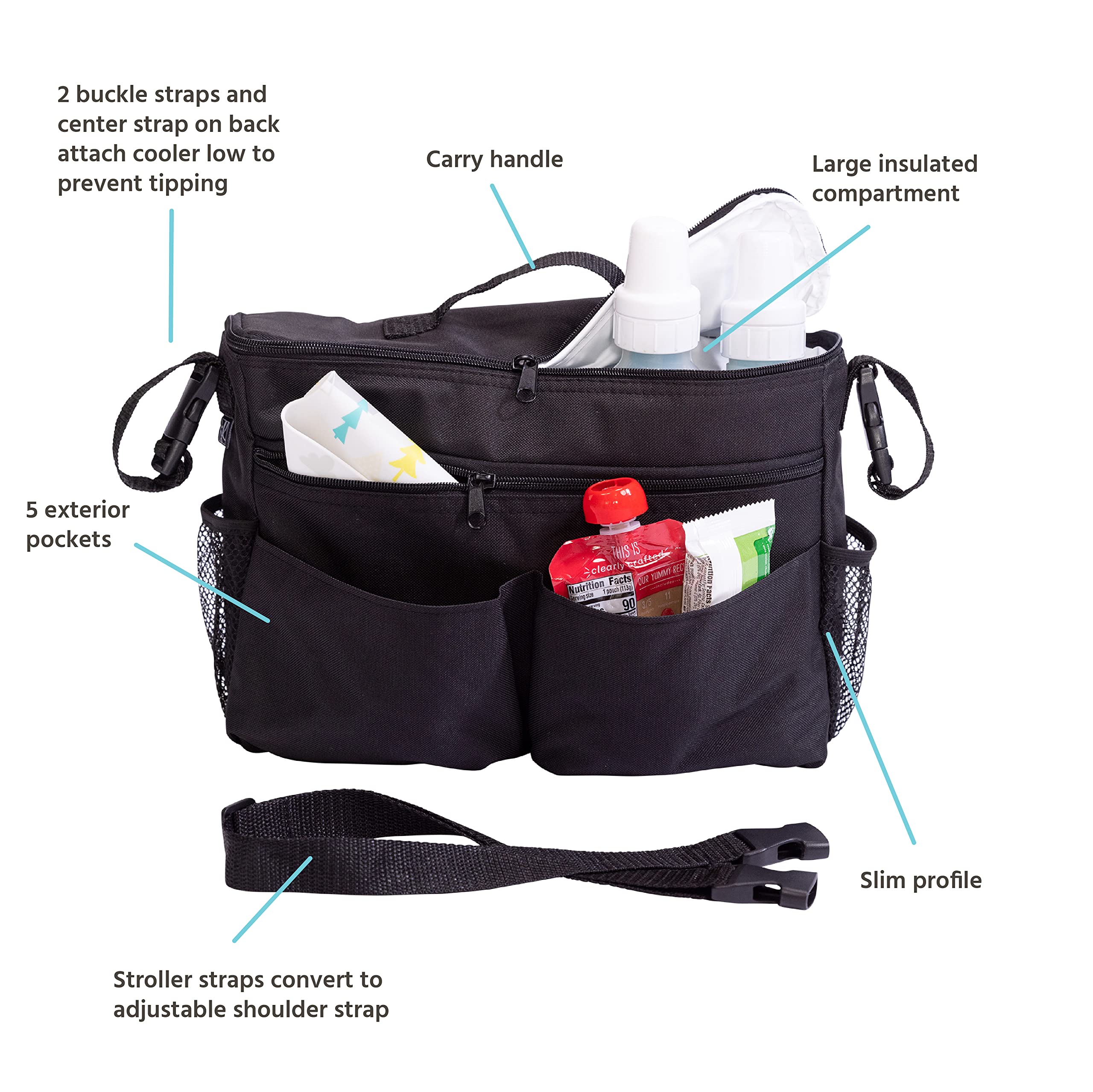 J.L. Childress Cool 'N Cargo Stroller and Wagon Cooler and Organizer - Universal Fit - Insulated - Attaches to Strollers, Wagons, Walkers and Wheelchairs - Large Capacity - Black