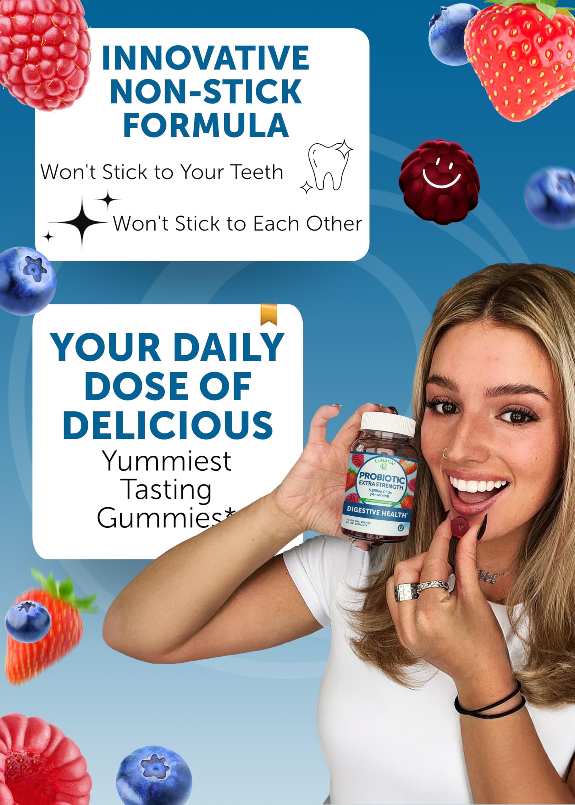Lunakai USA Made Probiotic Gummies - 5 Billion CFUs, Vegan, Non-GMO, Gluten-Free - Digestive & Immune Support for Women & Men - 60 Chewable Gummies
