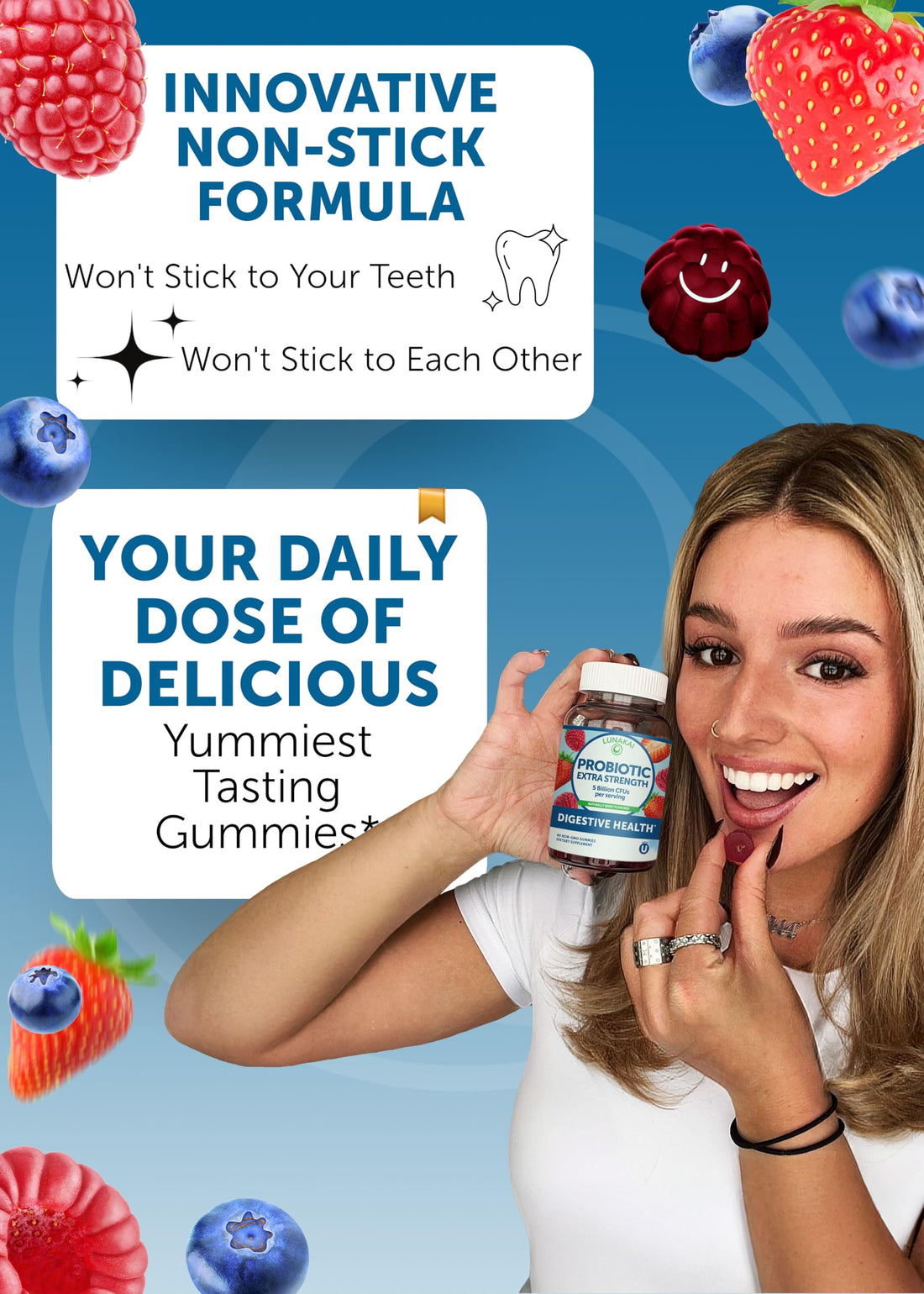 Lunakai USA Made Probiotic Gummies - 5 Billion CFUs, Vegan, Non-GMO, Gluten-Free - Digestive & Immune Support for Women & Men - 60 Chewable Gummies