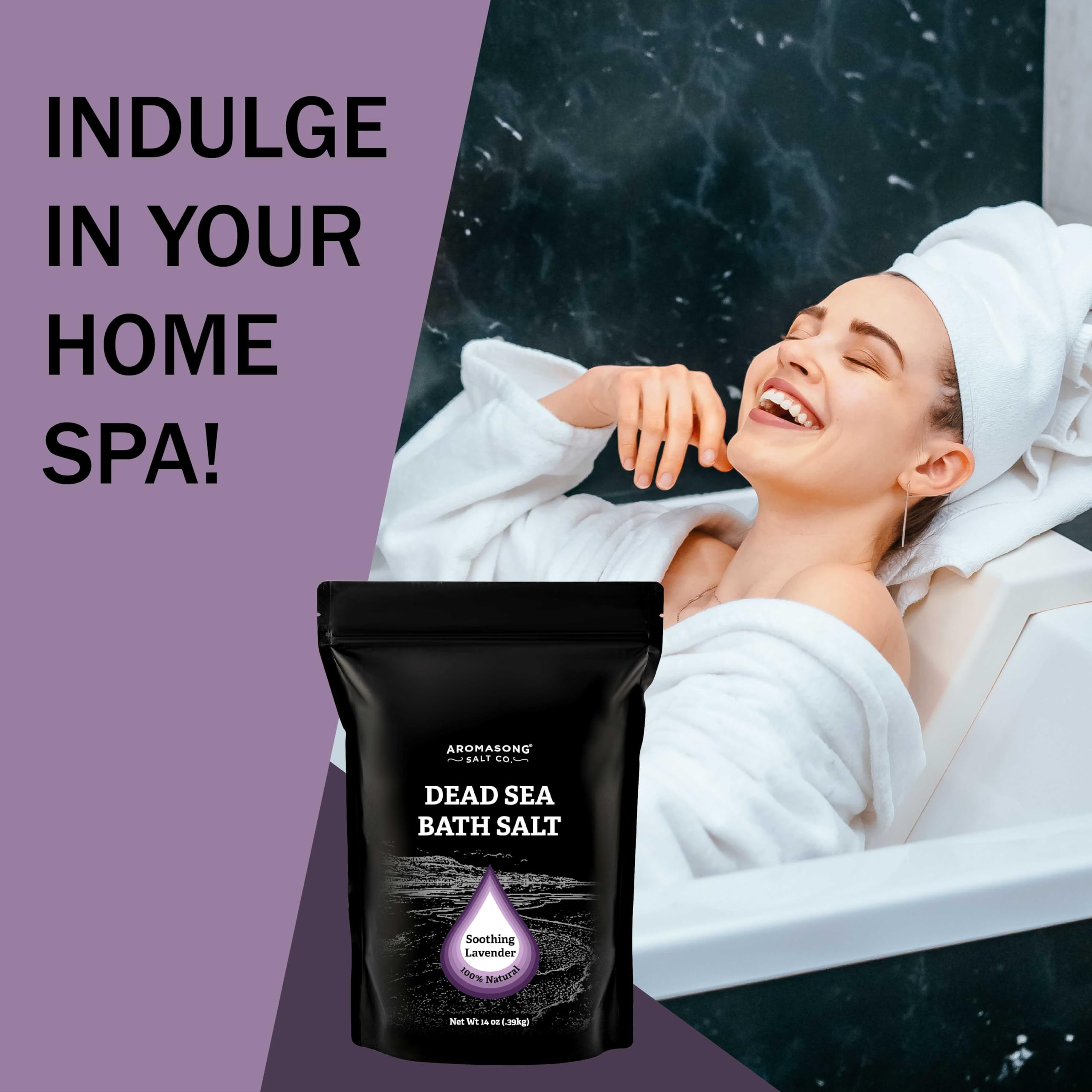 Pure Dead Sea Salt for Soaking with 100% Natural Lavender – 14 Oz. Spa Bath Salt Fine Grain in Resealable Pack - Used for Body Wash Scrub - Soak for Women & Men.