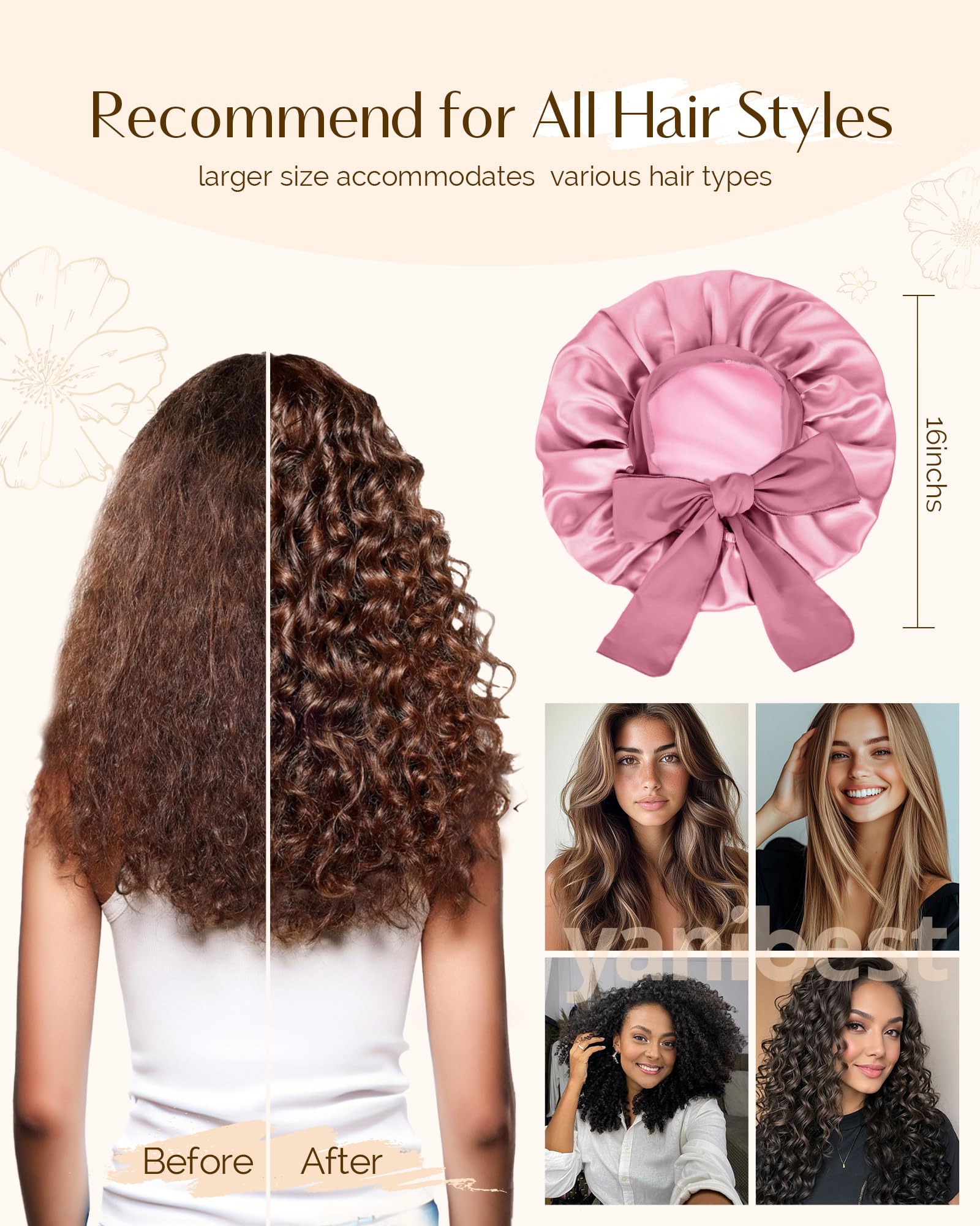 Yanibest Adjustable Satin Bonnet for Sleeping, Double Layer Silk Hair Bonnet with Tie Band for Unisex Women Men Curly Natural